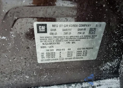 2020 Chevrolet Trax 1Lt z USA, uszkodzony, nr VIN KL7CJLSBXLB347853